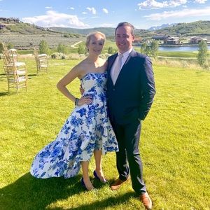 Mestiza Georgiana high low Ball Gown - Strapless Blue and White/silver Size 6